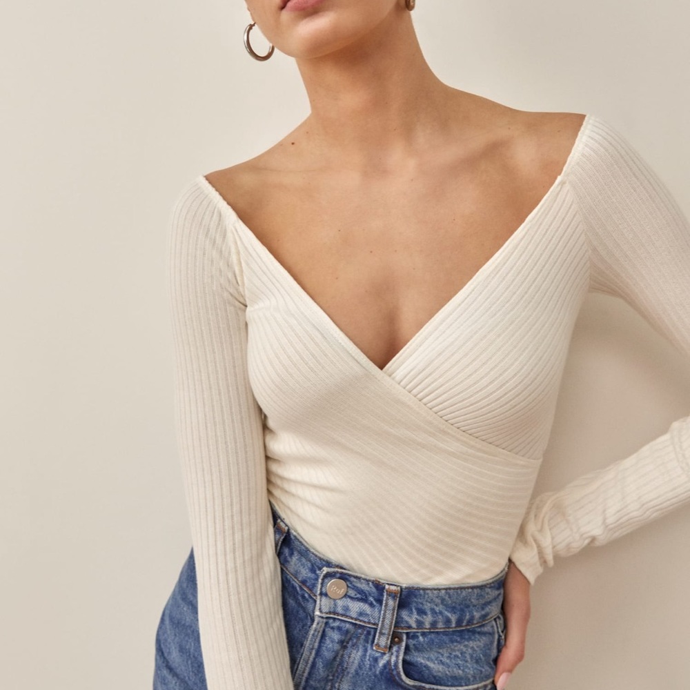 Reformation Cream Ribbed Wrap Top